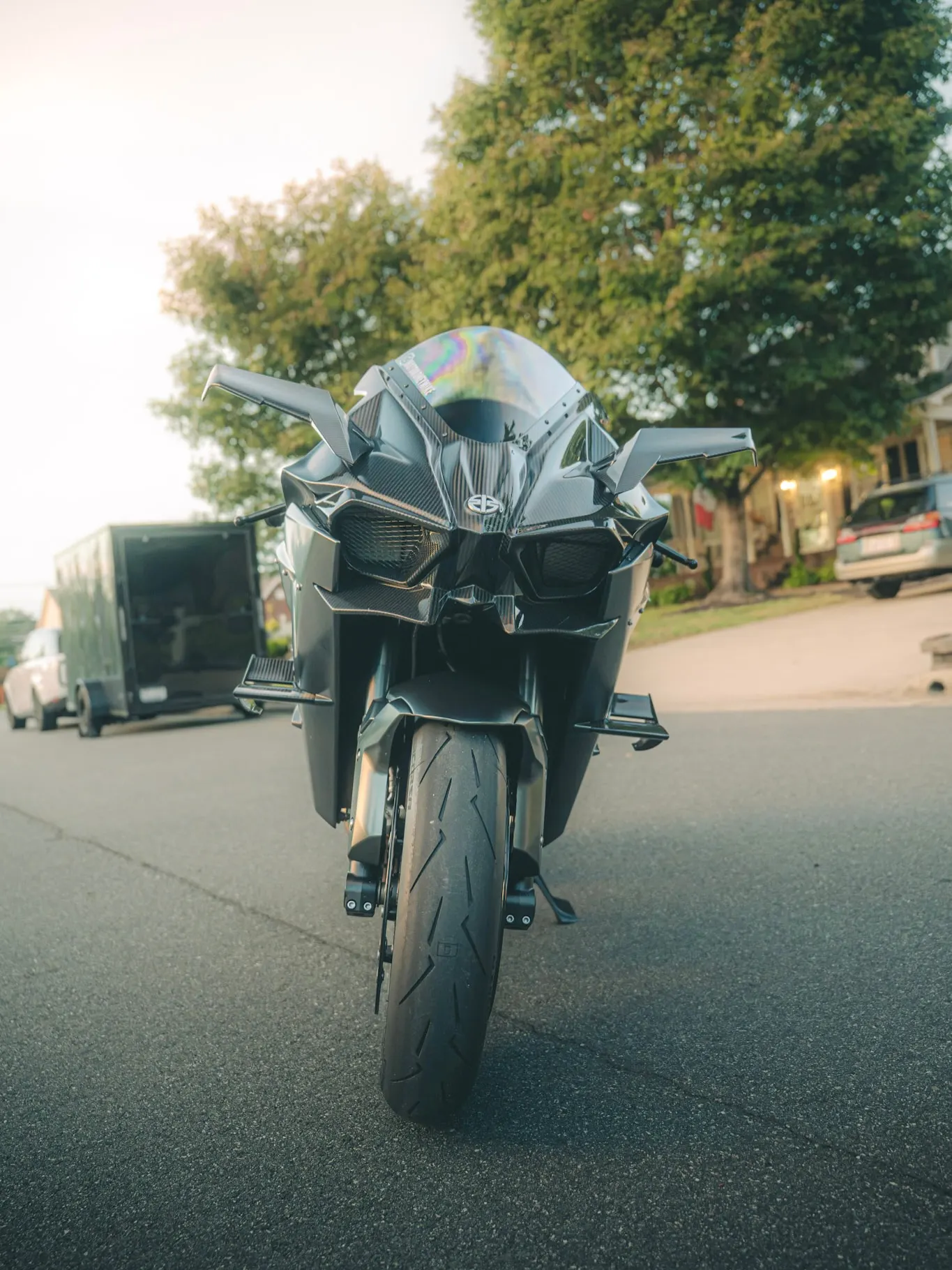 Mike's Kawasaki H2R head-on at the end of a quiet street